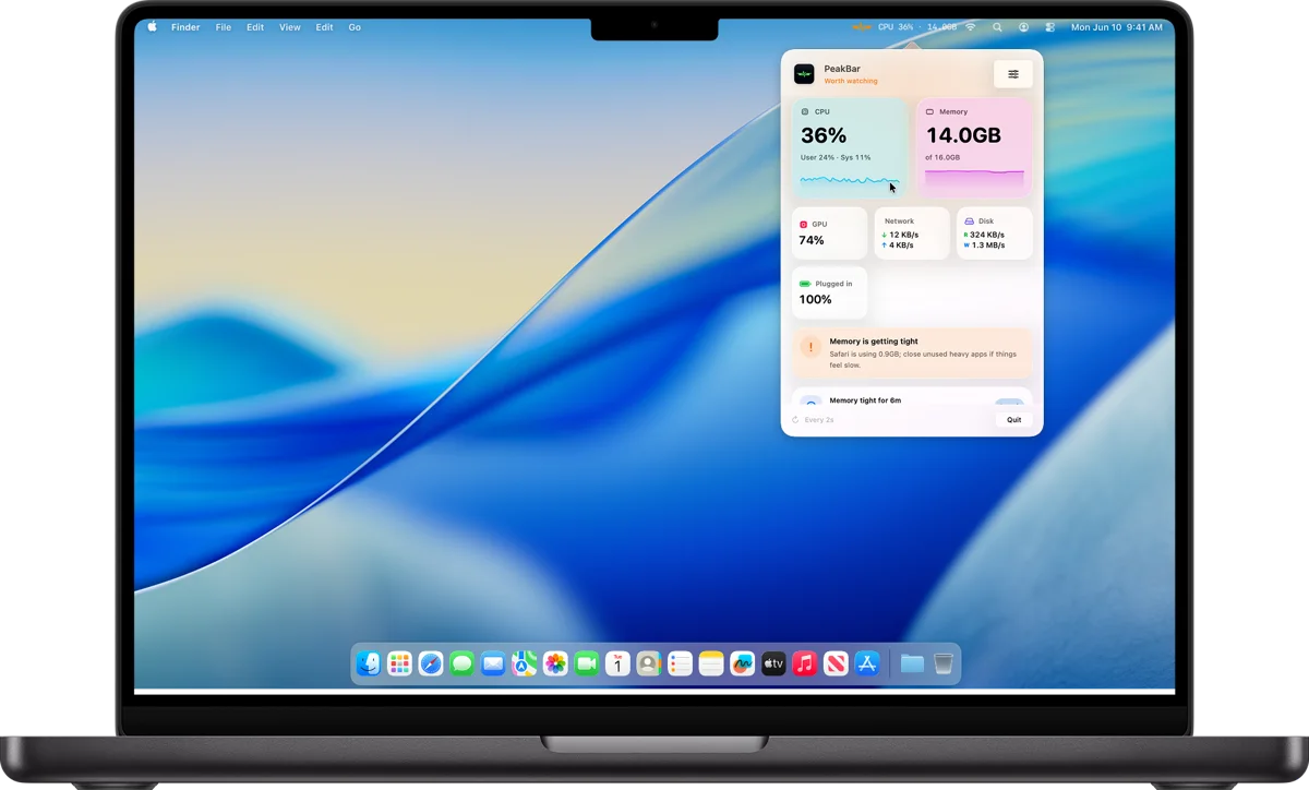 PeakBar open in the menu bar of a MacBook